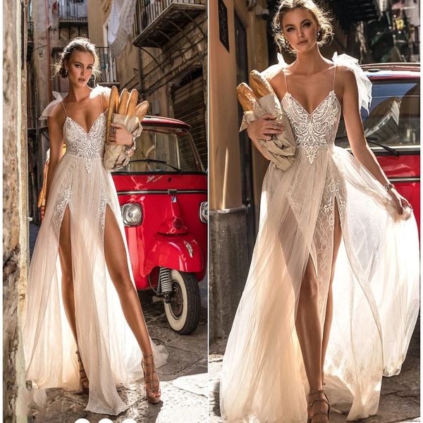 Pizzo Tulle A Line Abito da sposa Sexy See Through Boho Beach Senza spalline Abiti da sposa Backless High Split Appliques Bohemian Vestido De Novia Fashion 2021 AL9464