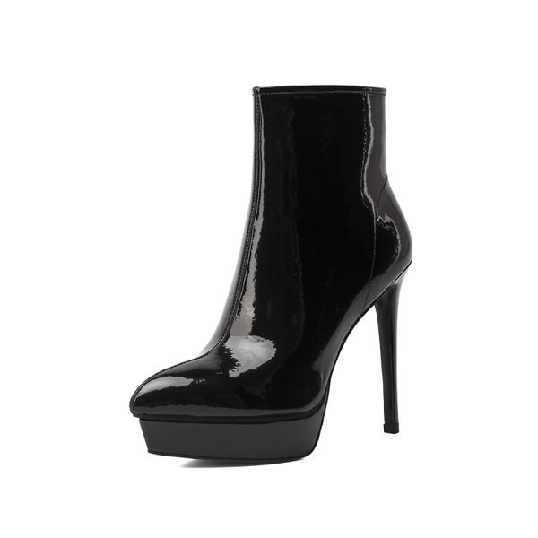 

winter short boots women designer round toe block hight heel soft natural genuine leather patent party wedding fashion luxury platform lady, Black