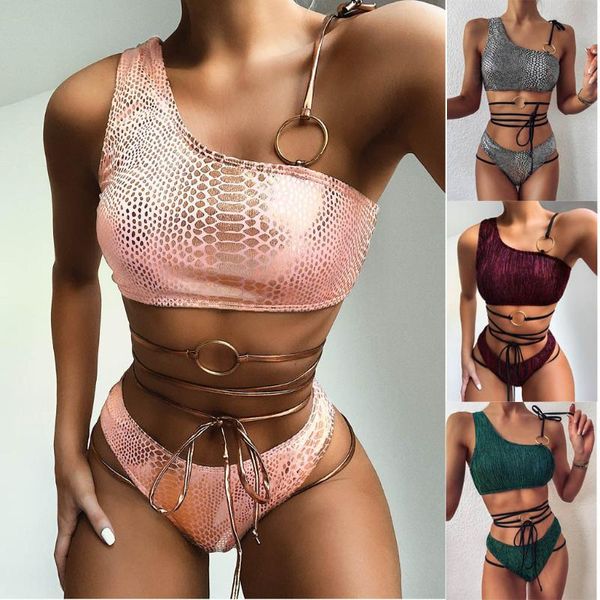 

women's swimwear women ring one shoulder bikini set push-up pad swimsuit beachwear, White;black