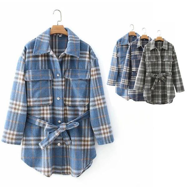 

women's jackets 2021 feminino korean abrigos mujer retro plaid contrast color long woolen coat autumn winter women high-waist lace-up j, Black;brown