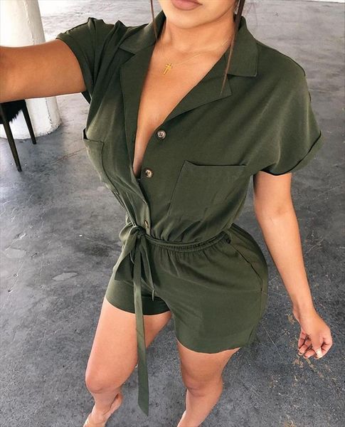 

short sleeve pocket summer solid women jumpsuit color turn down collar playsuits with belt, Black;white