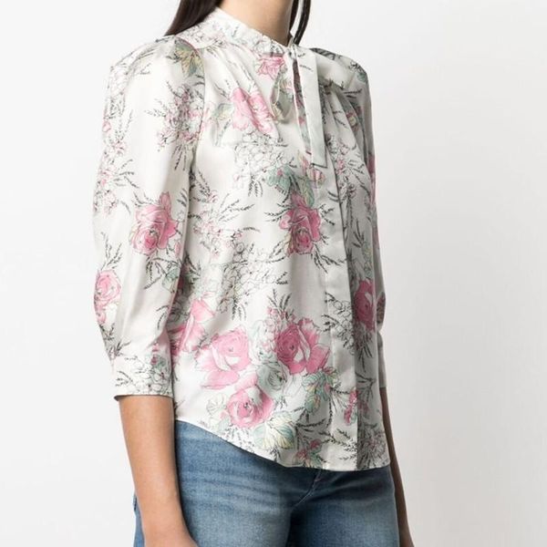 

women's blouses & shirts women rose printed shirt bow tie loose vintage spring summer female blouse 2021, White