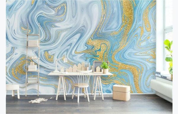 Sfondi Carta da parati personalizzata Murale Po Wall Texture blu oro cosparsa Elegante linea di moda di lusso leggera Sfondo TV