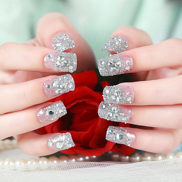 

false nails 24pcs ladies fake transparent floral beads decor diy bride, Red;gold