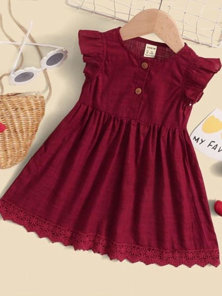 

baby button front cap sleeve contrast guipure lace dress she, Red;yellow