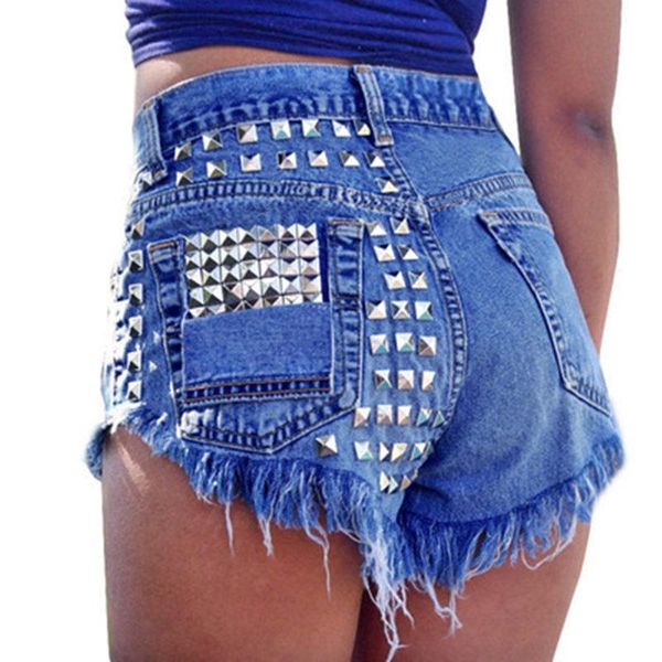 

women's shorts women vintage tassel rivet ripped high waist short jeans punk woman denim, White;black