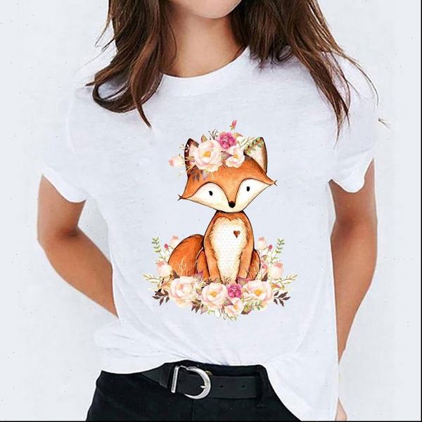 

graphic fox floral cartoon sweet womens t shirts fashion printing print tee, White