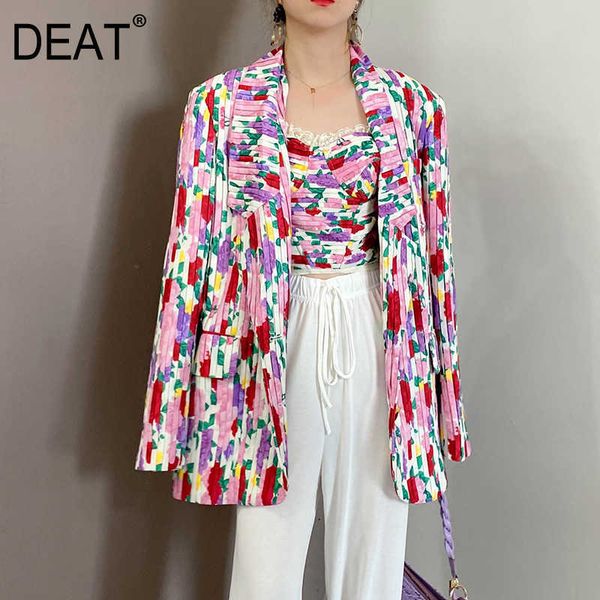 

[deat] summer fashion single-breasted turn-down collar printing blazer high waist wide leg pants three-piece suit 13q309 210527, White