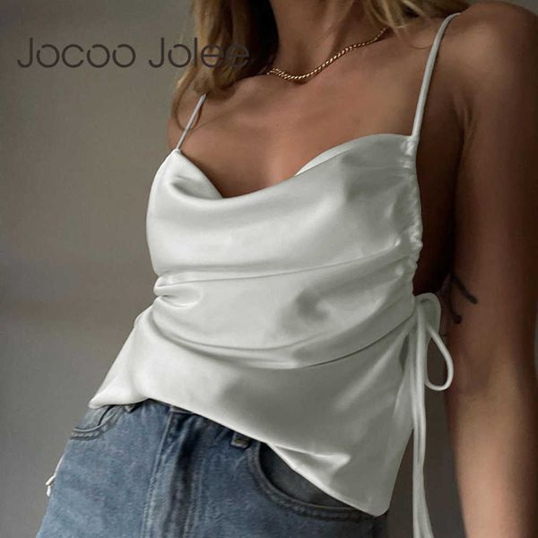 Jocoo Jolee Elegante tinta unita in raso Camis Sexy scollo a V con coulisse Canotte pieghettate Semplice Wild Chic Solid Crop Top Donna Panno 210619