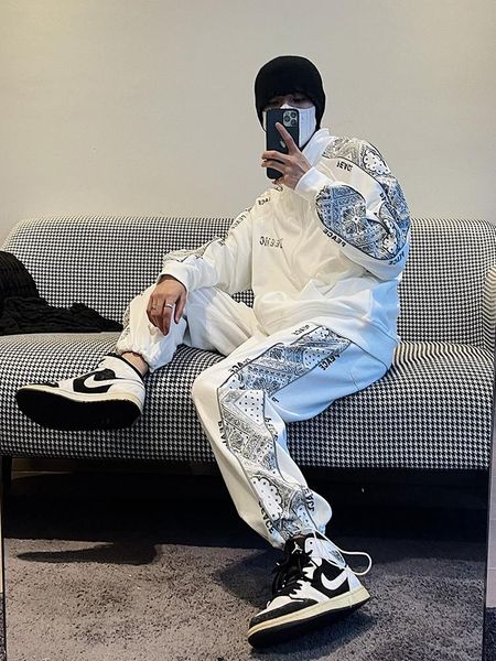 

women's hoodies & sweatshirts autumn ins national side cross label street sports suit men's and hip-hop two-piece set, Black