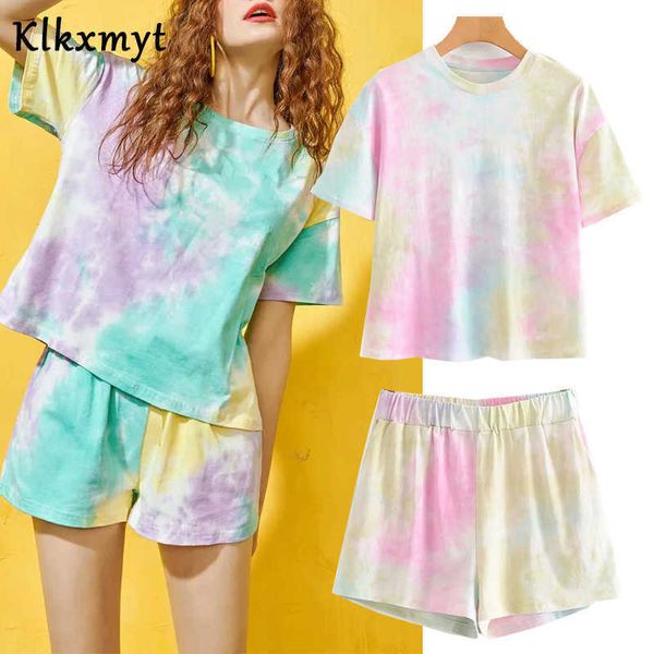 Klkxmyt Ins Fashion Blogger High Street Rainbow Print Sommer T-Shirt Frauen Harajuku T-Shirt Bermuda Shorts zwei Stücke Sets 210527