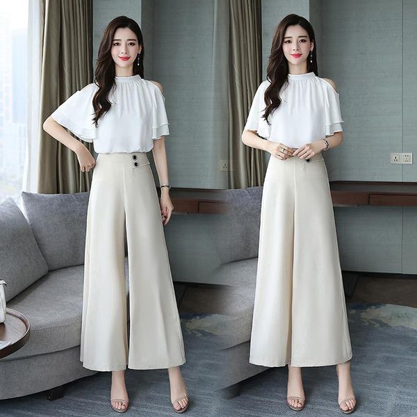 

women's tracksuits suit 2021 summer high waist was thin fashion off-shoulder shirt casual wide-leg pants two-piece clothing, Gray