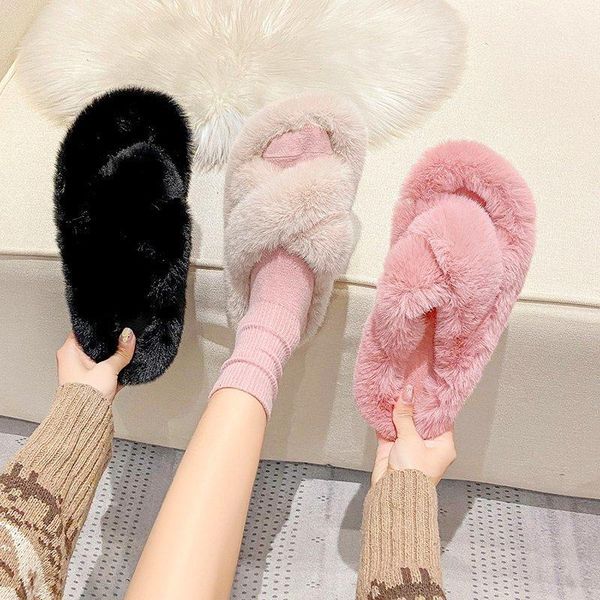 

slippers shoes women ladies' flock pantofle platform fur flip flops low soft 2021 plush flat girl massage rubber with slide, Black