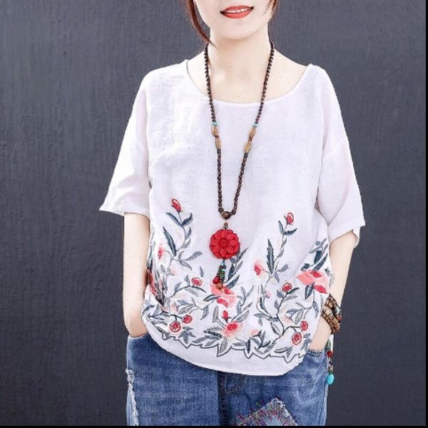 

blouse women shirts plus size vintage white floral embroidery short sleeve summer cotton linen casual ladies 4xl