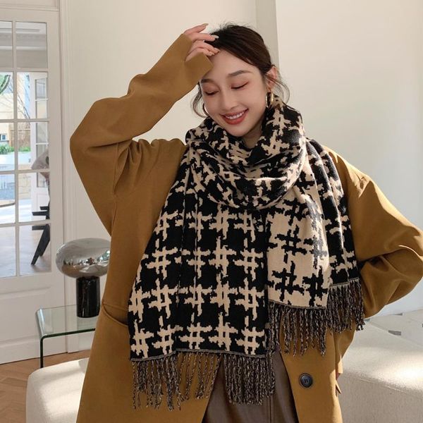

scarves 2021 european autumn winter imitation cashmere long tassel scarf thickened warm thousand bird lattice cold proof outer shawl, Blue;gray