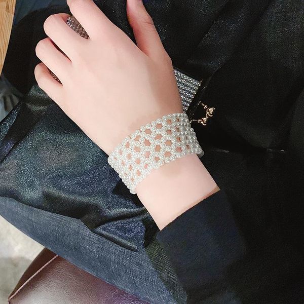 

beaded, strands european and american pearl braided bracelets female ins style fairy charming elastic bracelet elegant party wedding jewelry, Black