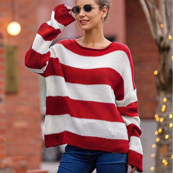 

women's sweaters 2021 style for autumn and winter european american sweater curling with round neck stripe spell color, White;black