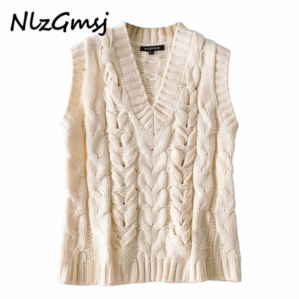 

fall women beige twist sweater knitted pullover sleeveless v neck jumper 210628, White;black