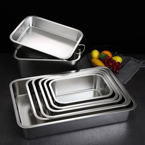 

kitchen storage & organization rectangle thick stainless steel baking tray with handle fruit food plate container dishes cake pans organizer