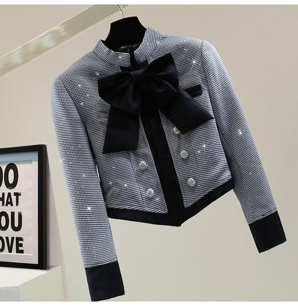 

women's jackets high street est 2021 fashion fall winter designer double row drill button sequin tweed plaid short jacket, Black;brown