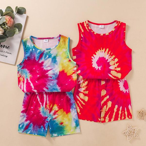 

fashion children kids baby set boys girls tie-dye print sleeveless o-neck vest +shorts outfits sets jongens kleding e1 clothing, White