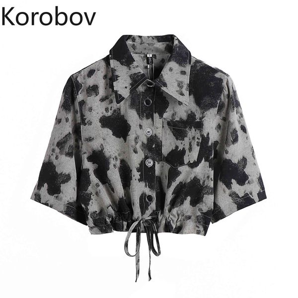 

korobov new print women blouses korean hit color patchwork short sleeve blusas mujer vintage sweet single breasted shirts 210430, White