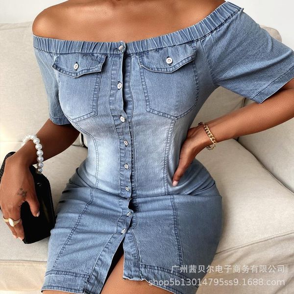 

women's t-shirt 2021 tight collar denim short sleeves, White