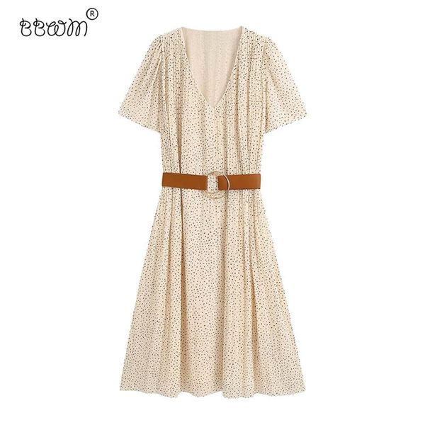 

women elegant fashion leopard printed pleated long dress with belt vintage v neck short sleeve dresses chic vestidos 210531, Black;gray