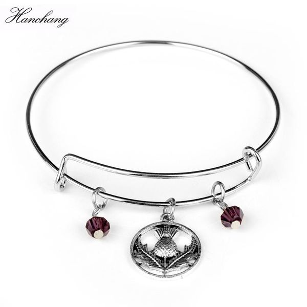 

link, chain adjustable bangle outlander bracelet scottish natural flower oval scotland thistle hollow crystal women gift, Black