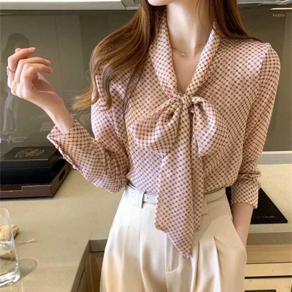 

women's blouses & shirts puwd casual woman slim pink polka dot chiffon 2021 spring fashion ladies bow neck female sweet streetwear, White