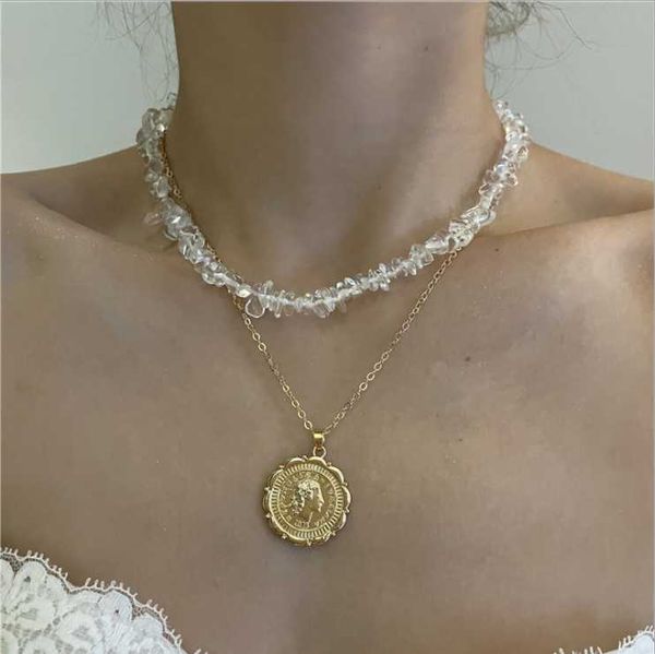 

chains french retro ins double layered clavicle chain light luxury broken crystal beaded coin pendant necklace female, Silver