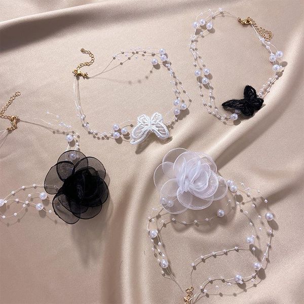

chokers french retro temperament mesh butterfly flower multi-layer fishing line pearl clavicle chain, Golden;silver