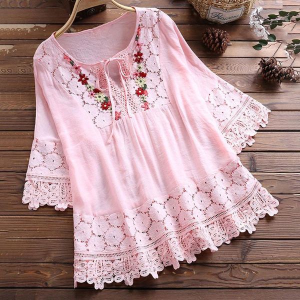 

women's t-shirt 4# lace patchwork tie up women vintage bow v-neck mid-length sleeves appliques elegant chiffon t shirt, White