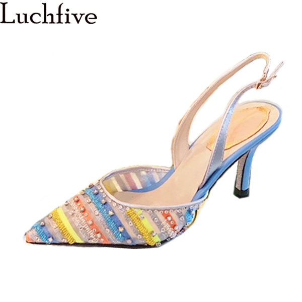 

dress shoes rainbow pointed toe high heels woman bead string rhinestones designer slingback sandals summer party women, Black