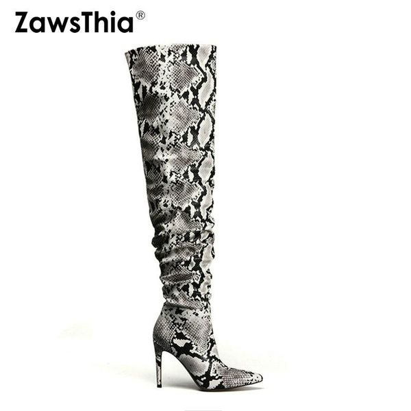 

boots zawsthia slouch thigh high boot snake skin over the knee super thin heel pleated pointed toe overknee, Black