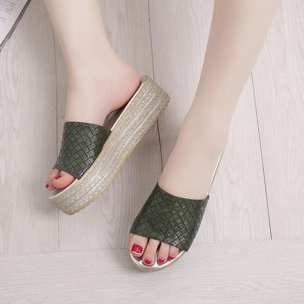 

slippers wedges femme summer muffins thick bottom slides korean women's plaid-woven high-heeled flip flops beach platform shoes, Black
