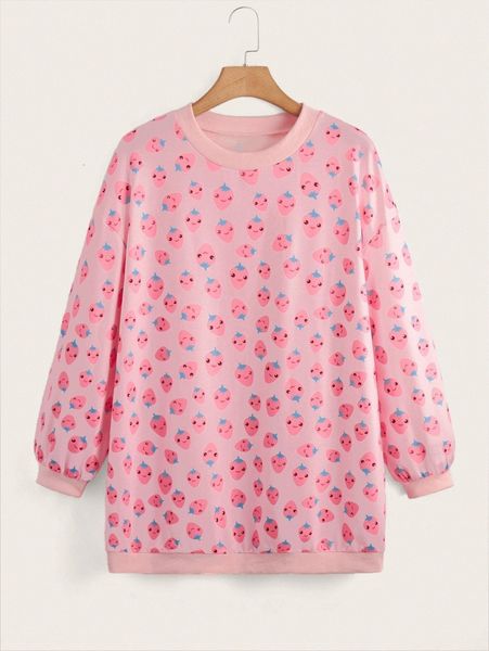 

plus cartoon & strawberry print drop shoulder longline sweatshirt m7uc#, Black