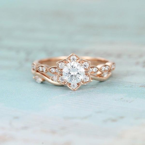 

cluster rings cxsjeremy moissanite engagement ring set unique flower 14k 585 rose gold 0.5ct round vintage eternity marquise wedding band, Golden;silver