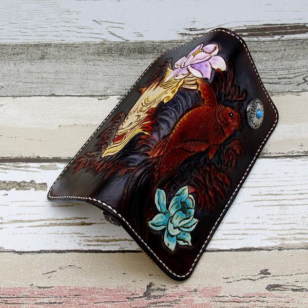 

wallets lettering hand-carved magnolia cowhide bag purses women long clutch vegetable tanned leather mother's day gifts, Red;black