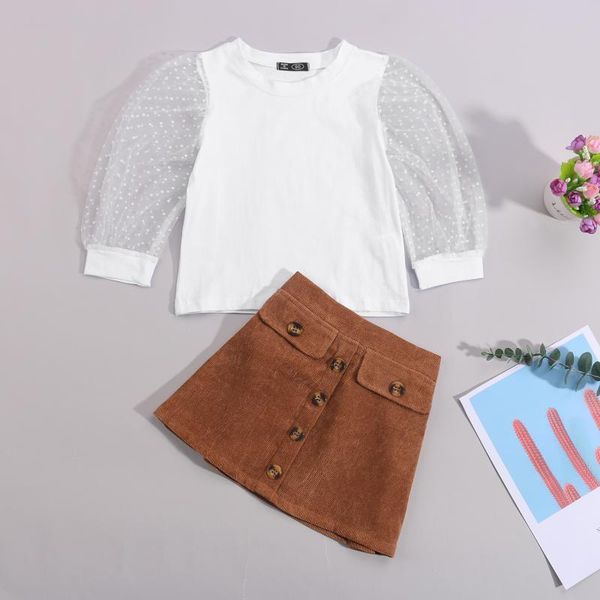 

clothing sets citgeeautumn kids girls clothes dot mesh long puff sleeve t shirts solid button a-line skirts spring suit, White