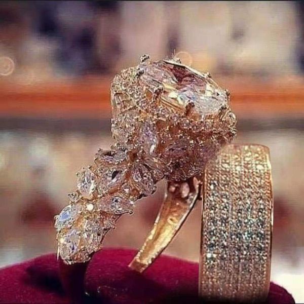 Conjuntos de anéis de noivado de cor dourada fashion 2 peças bijoux anéis de casamento de pedra de cristal africano completos para mulheres joias românticas