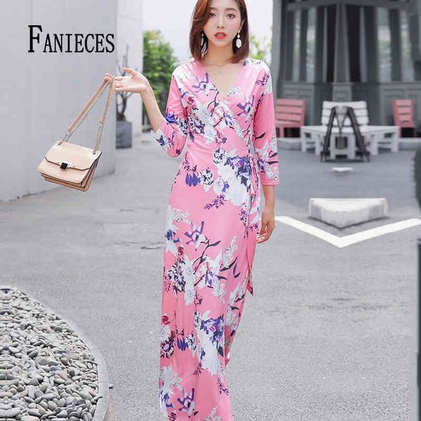 Mulheres verão boho vestido floral impressão manga longa robe femme ete dividido maxi es partido praia boêmio gota 210520