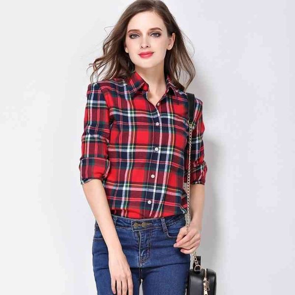 

women shirt blouses plus size new spring flannel cotton long sleeve plaid shirt casual female loose college style 210409, White