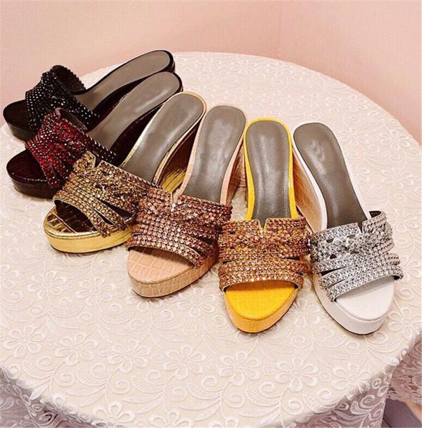 

luxury crystal women slippers designer runway diamond open toe platform shoes female high heels sandals, Black