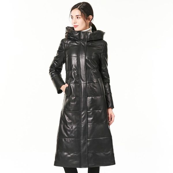 

women's leather & faux legitimate jacket with hood, long, warm coat and lambskin fuzz for 2022 women, Black