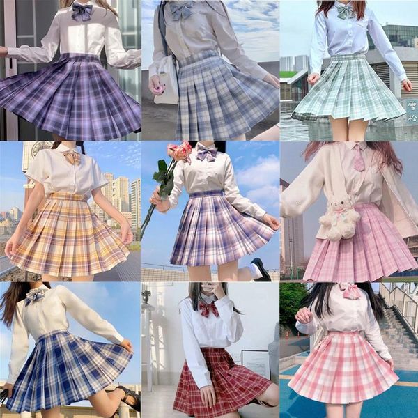 

summer pleated girl jk womens skirt uniform school plaid full set blouse bow socks, Black