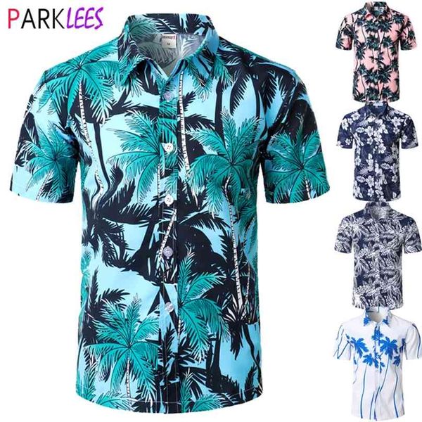 

men's holiday casual short sleeve aloha hawaiian shirt palm tree printed tropical blue shirts camisa hawaiana 210626, White;black