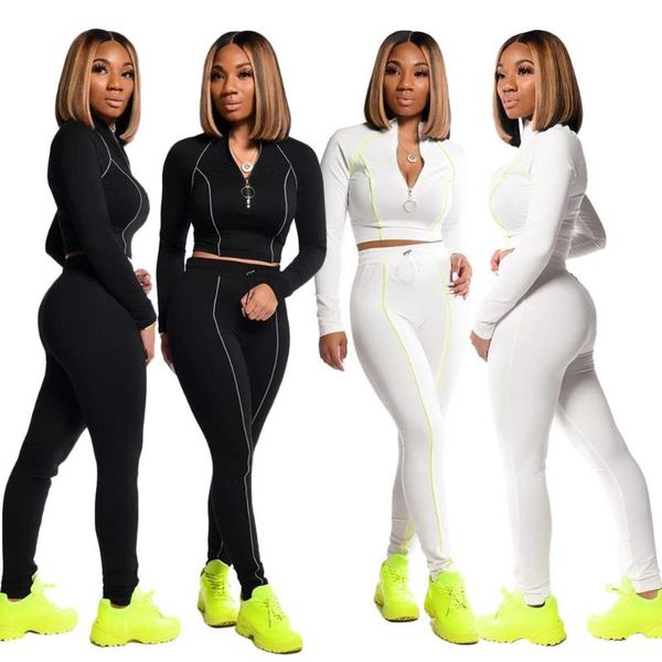 

autumn striped sports two piece set energy long sleeve zipper elastics waist pants tracksuit running fitness outdoor suit gym clothing, White;black