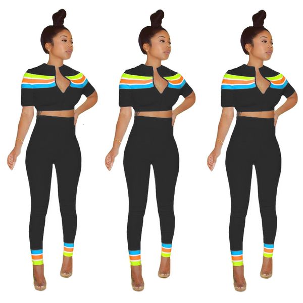 

spring summer stripes panelled women tracksuits two pieces zipper short sleeves and ny sports pants sets est, White