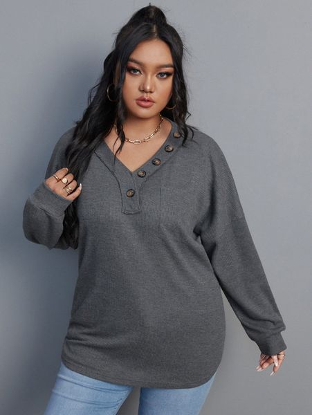 

plus waffle knit patched pocket drop shoulder tee f8w1#, Black